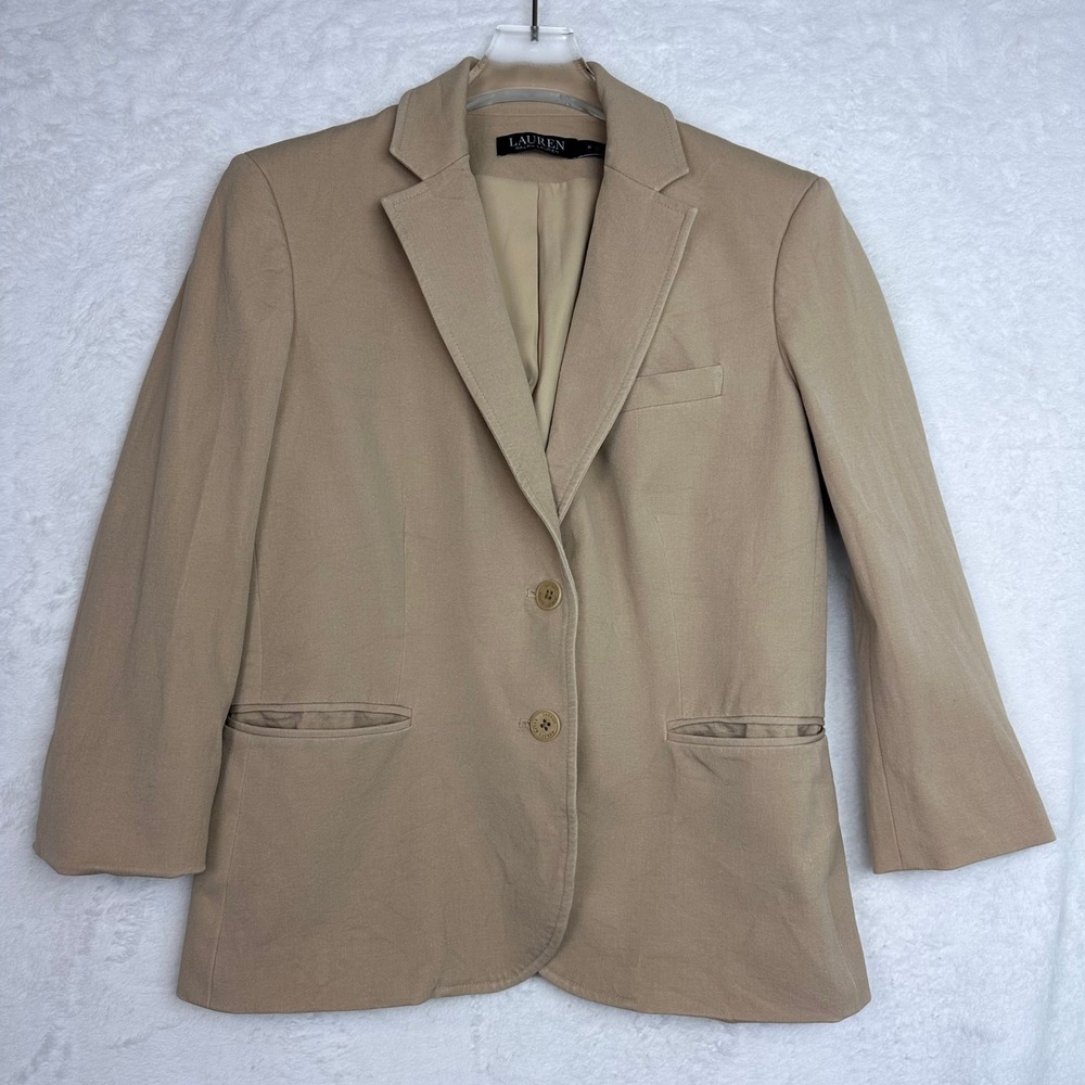 Lauren Ralph‎ Tan Khaki Cotton Blend Two Button Blazer Jacket Size 8 SPOT